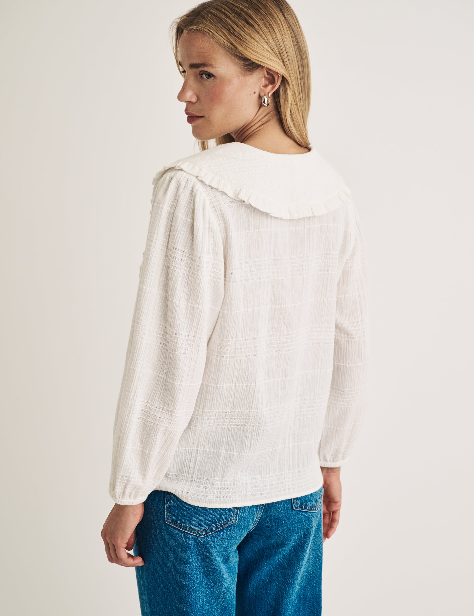 White Check Frill Peter Pan Collar Blouse