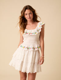 White Floral Embroidered Shirred Top