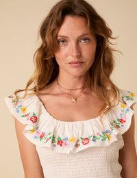 White Floral Embroidered Shirred Top
