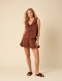 Brown Tie Front Ruffle Top