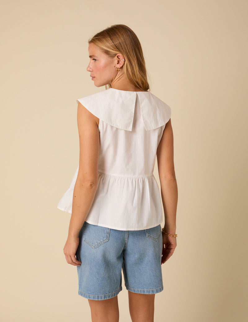 White Tie Front Collared Blouse