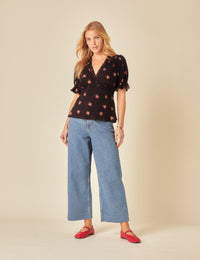 Black Floral Printed Puff Sleeve Top