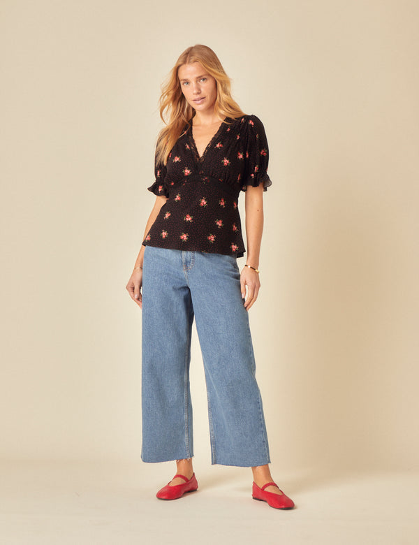 Black Floral Printed Puff Sleeve Top