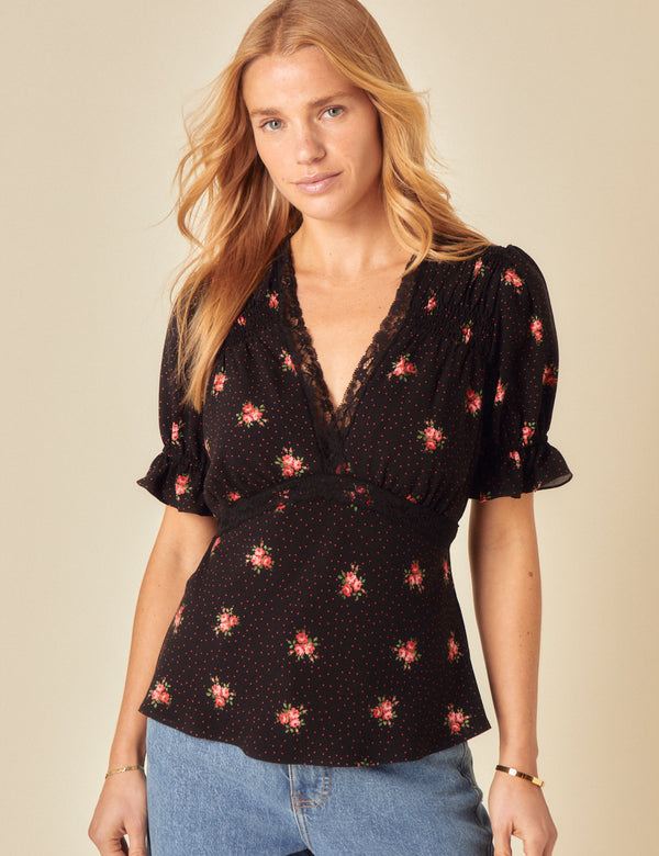 Black Floral Printed Puff Sleeve Top