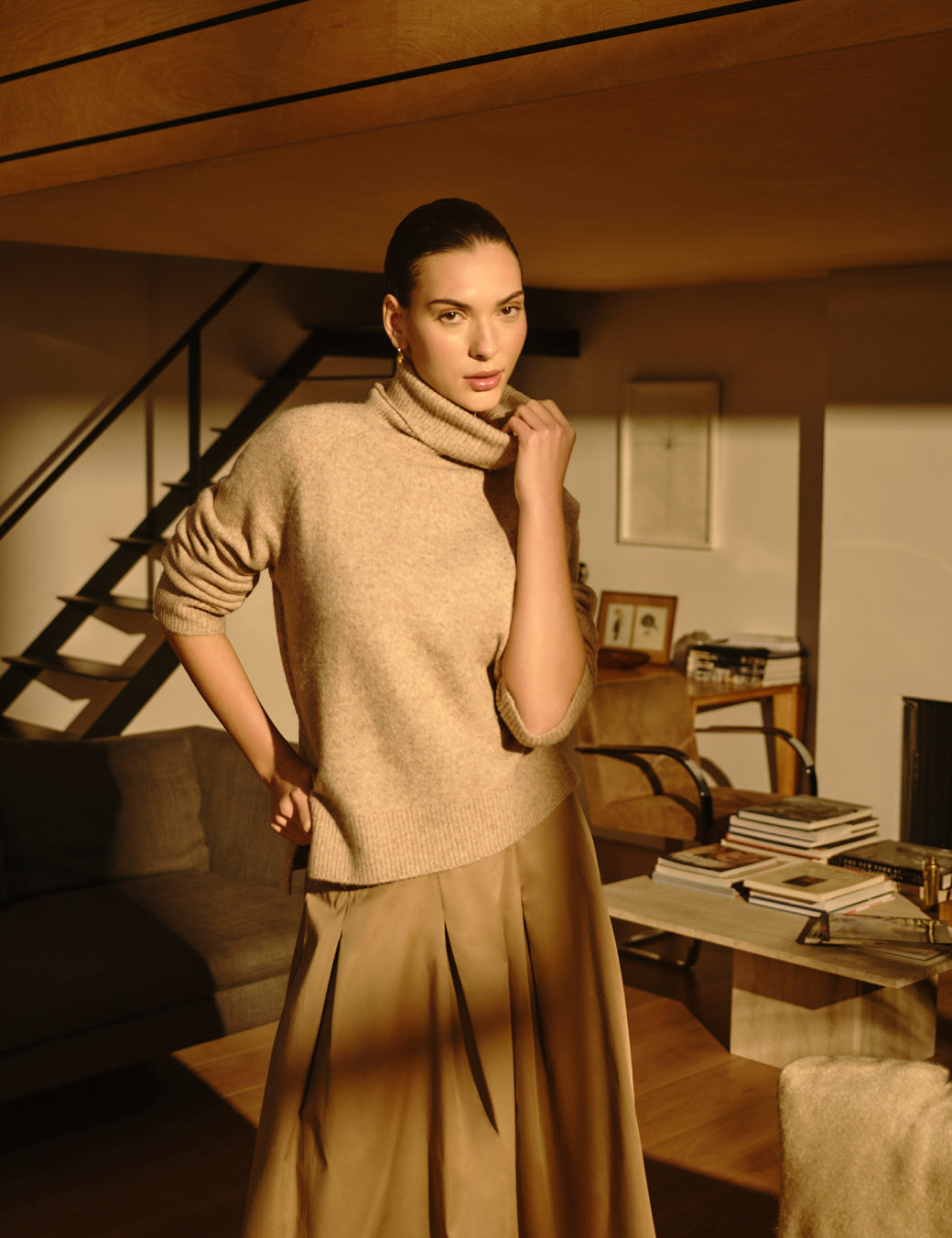 Beige Roll Neck Relaxed Knitted Jumper