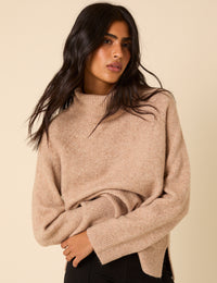 Beige Roll Neck Relaxed Knitted Jumper