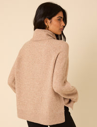 Beige Roll Neck Relaxed Knitted Jumper