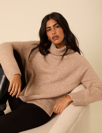 Beige Roll Neck Relaxed Knitted Jumper