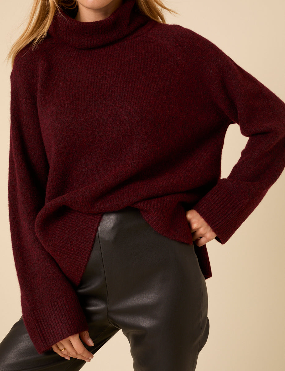 Burgundy Roll Neck Relaxed Knitted Jumper