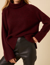 Burgundy Roll Neck Relaxed Knitted Jumper