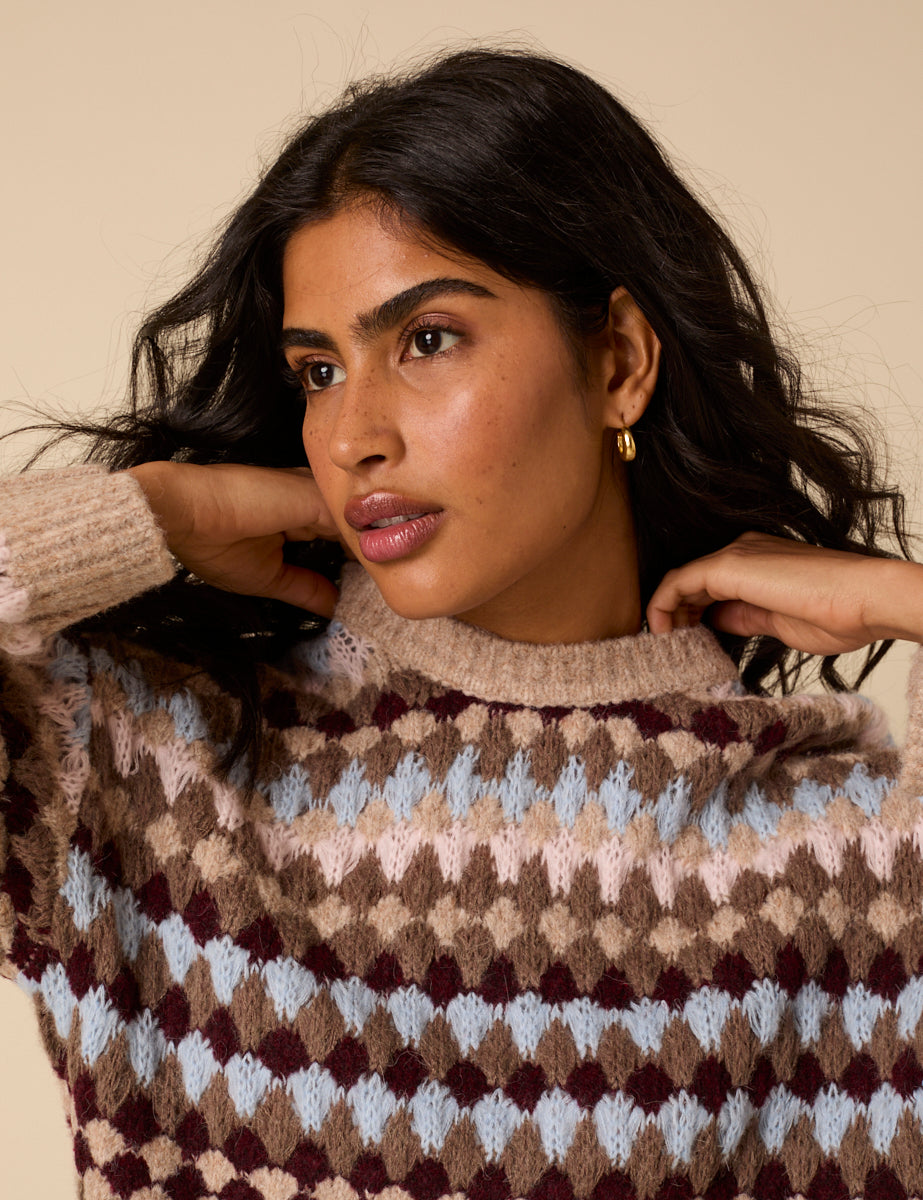 Multi Textured Round Neck Striped Jumper