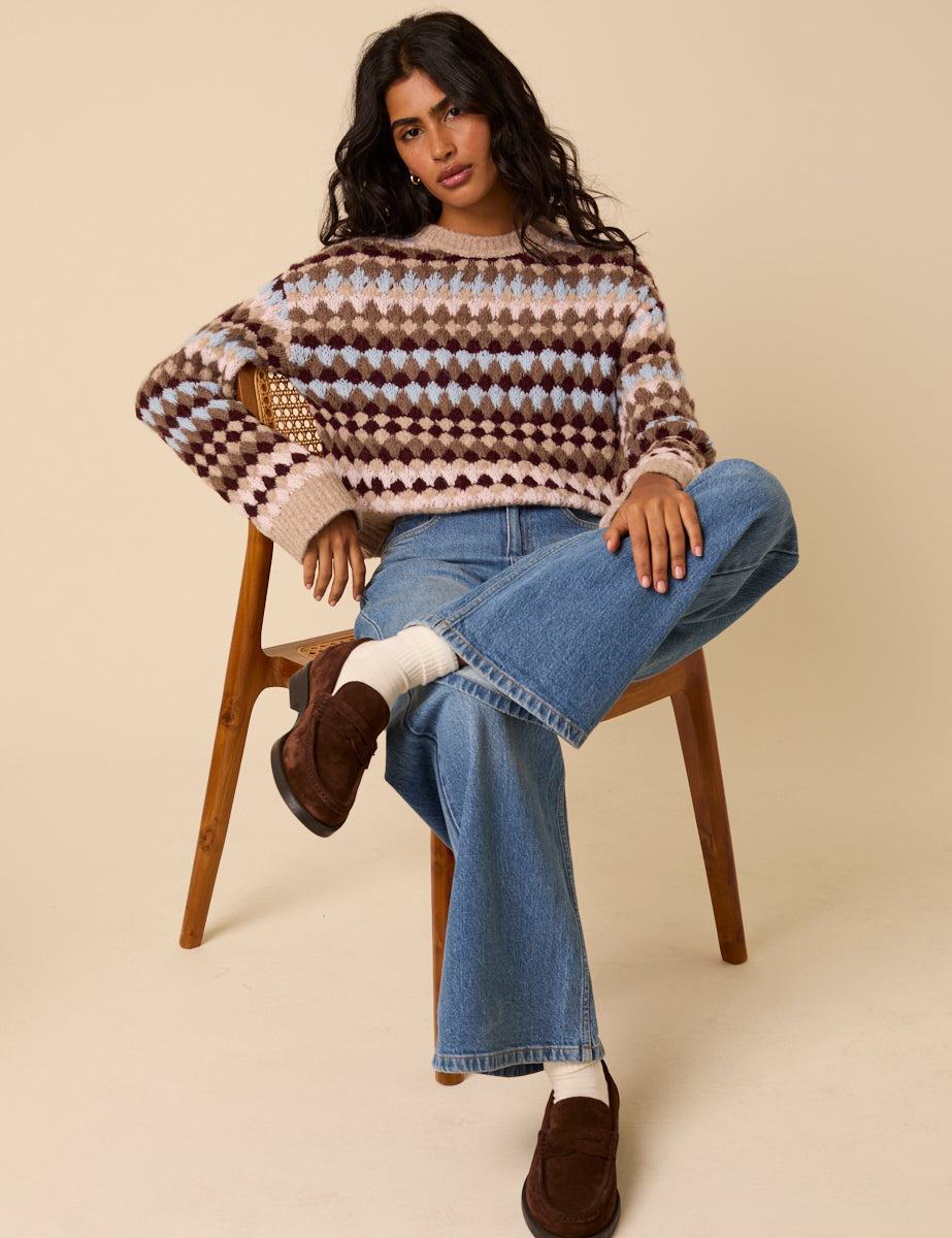 Multi Textured Round Neck Striped Jumper