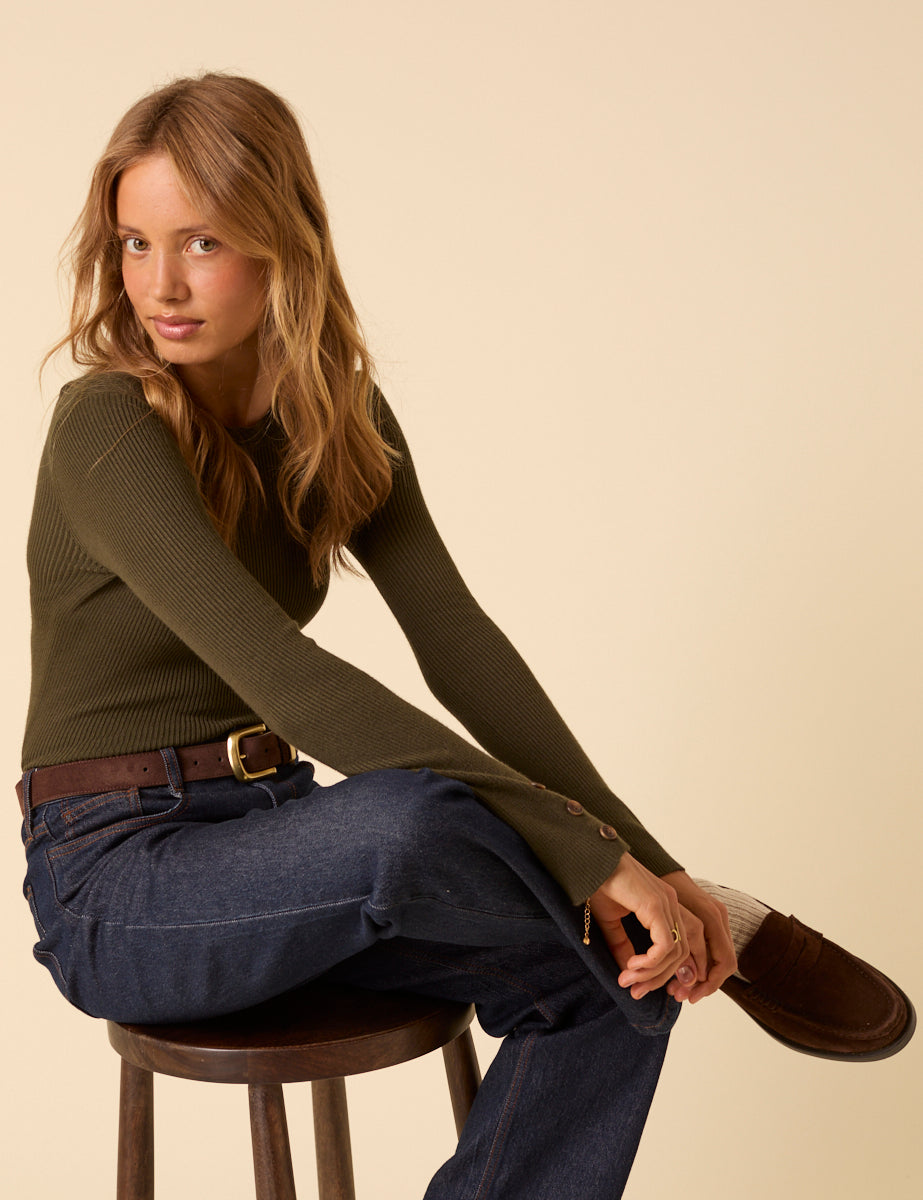 Khaki Green Rib Knitted Long Sleeve Top