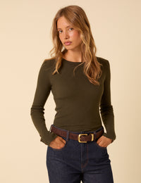 Khaki Green Rib Knitted Long Sleeve Top
