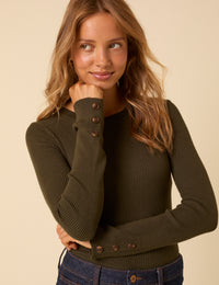 Khaki Green Rib Knitted Long Sleeve Top