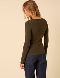 Khaki Green Rib Knitted Long Sleeve Top