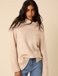 Beige Wool Blend Roll Neck Jumper