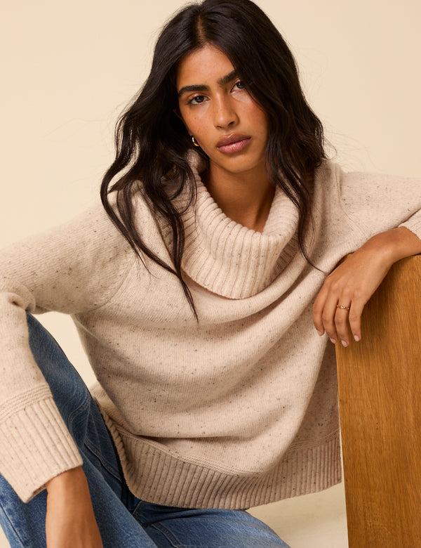 Beige Wool Blend Roll Neck Jumper