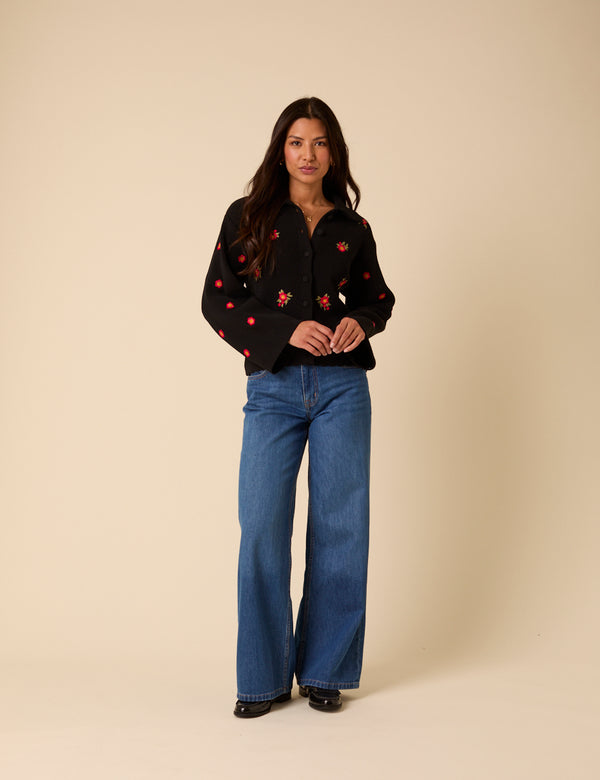 Black Floral Embroidered Collared Cardigan