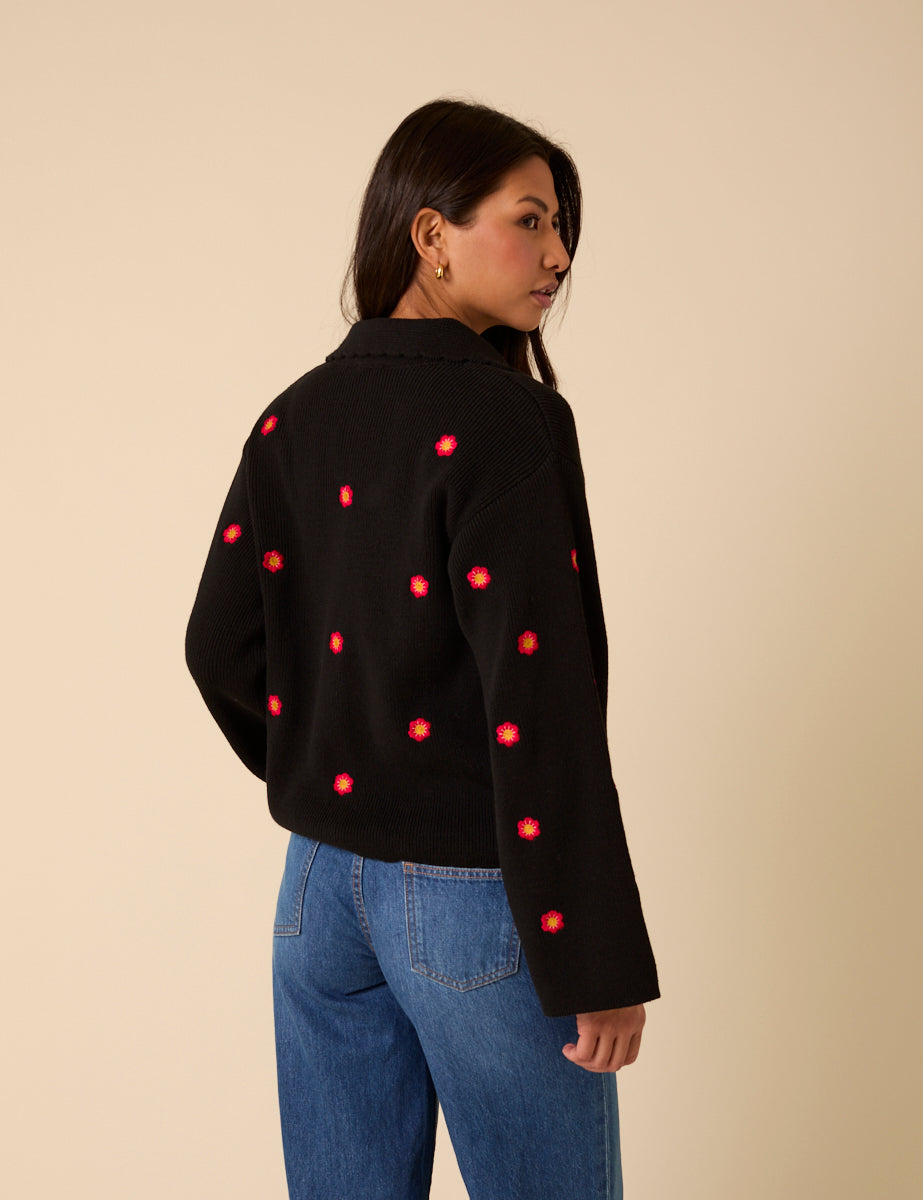 Black Floral Embroidered Collared Cardigan