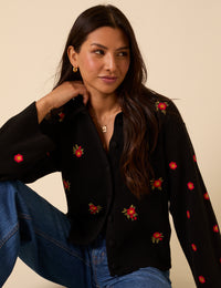 Black Floral Embroidered Collared Cardigan
