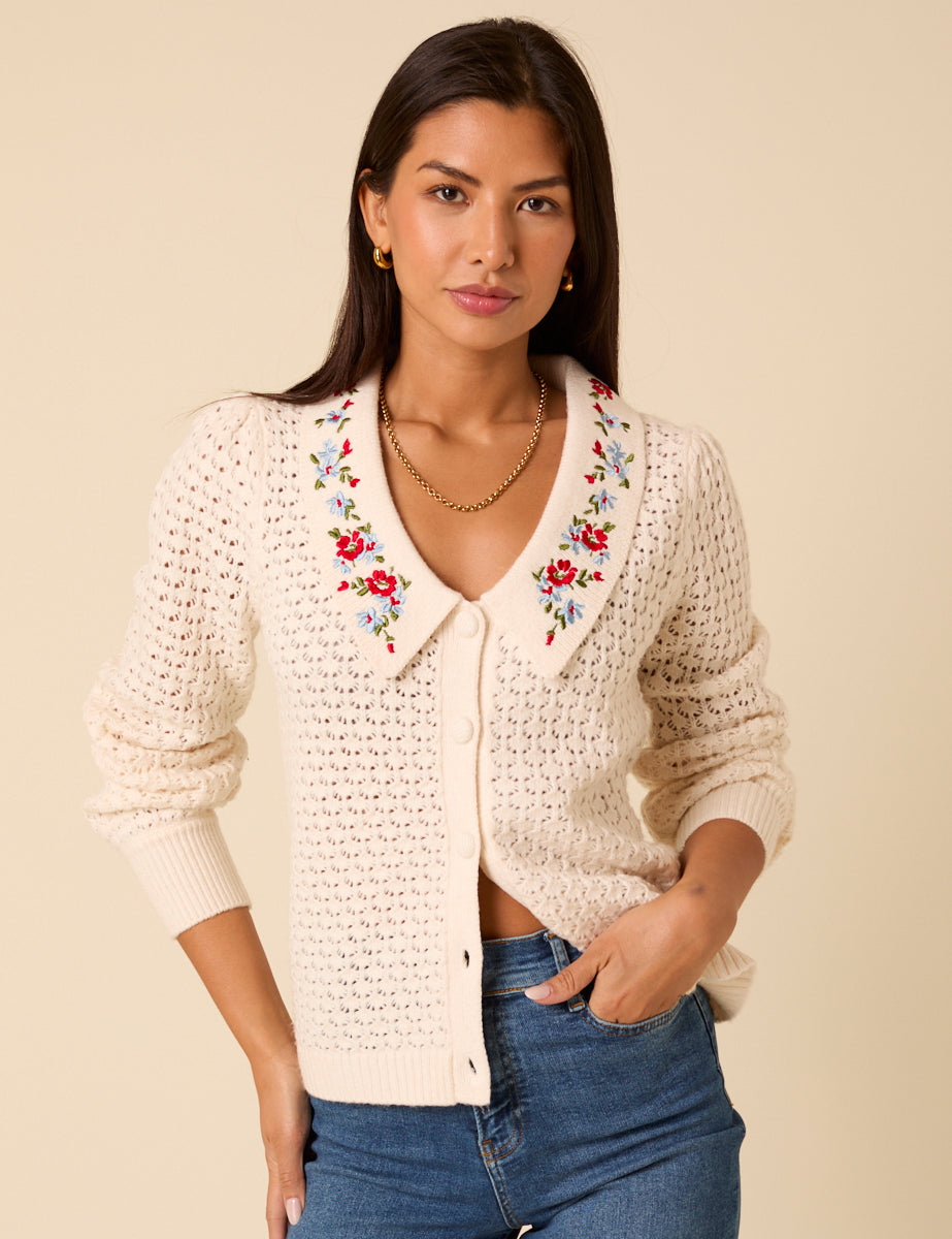 White Embroidered Pointelle Cardigan