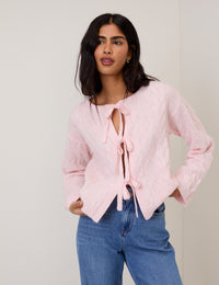 Pink Tie Front Cable Knitted Cardigan