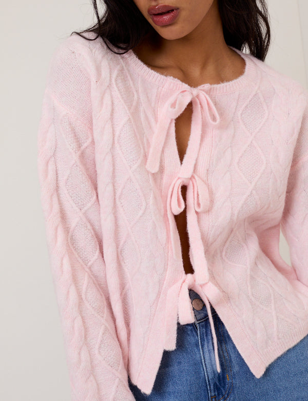 Pink Tie Front Cable Knitted Cardigan