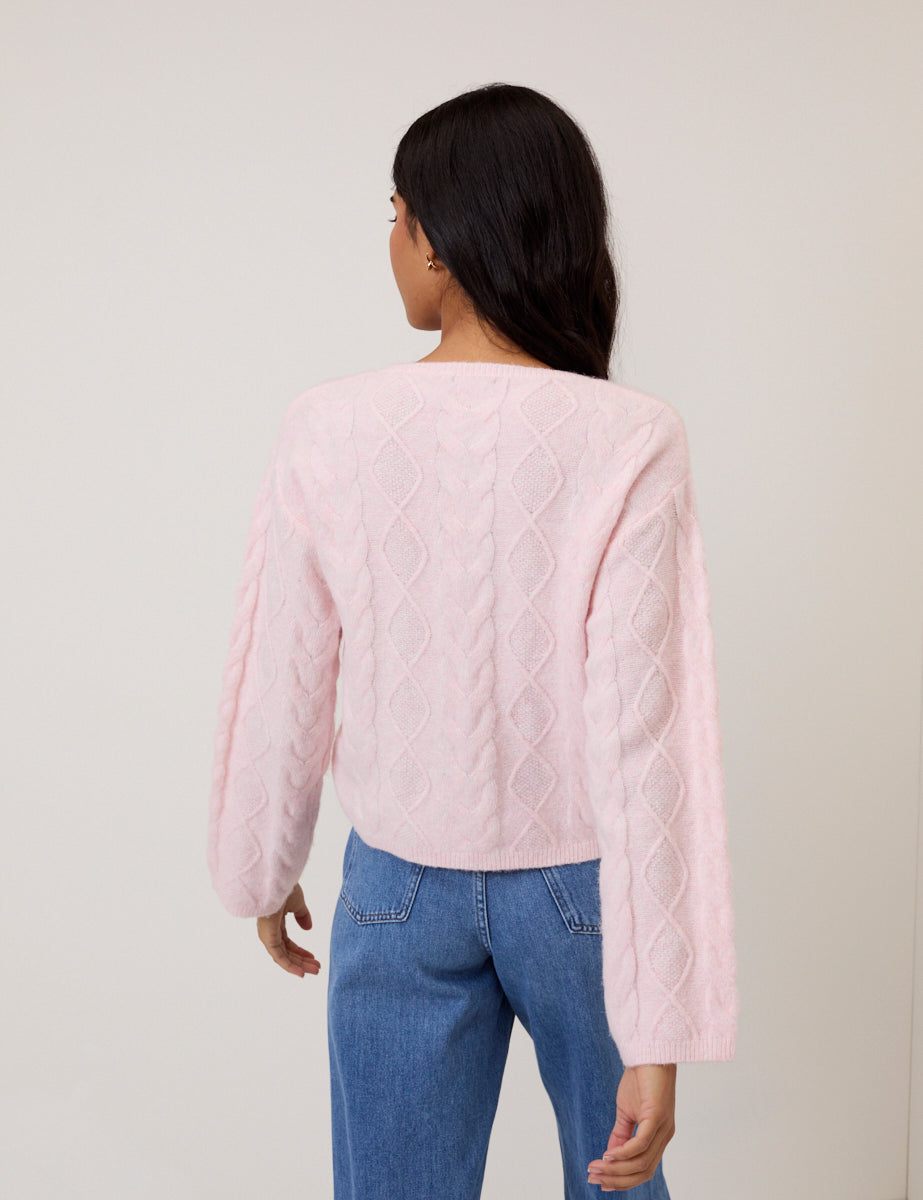 Pink Tie Front Cable Knitted Cardigan