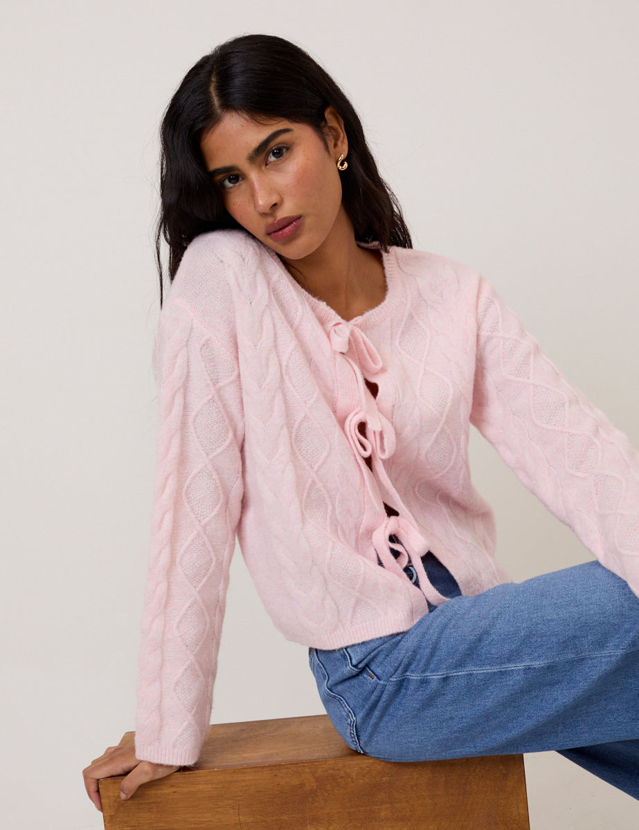 Pink Tie Front Cable Knitted Cardigan