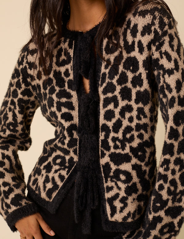 Leopard Print Tie Front Cardigan