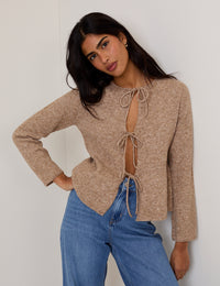 Light Brown Tie Front Peplum Cardigan