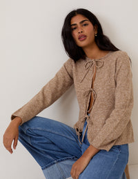 Light Brown Tie Front Peplum Cardigan
