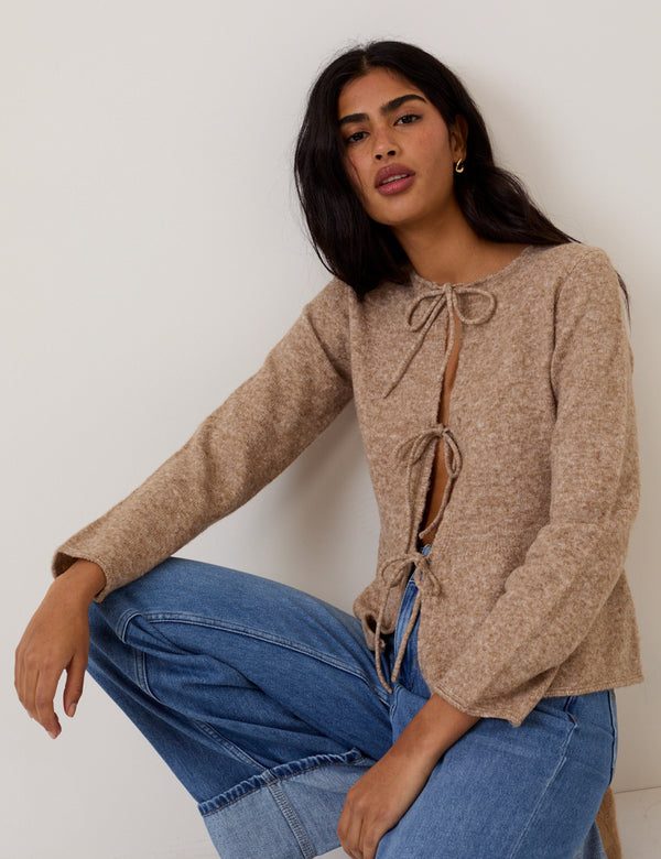 Light Brown Tie Front Peplum Cardigan