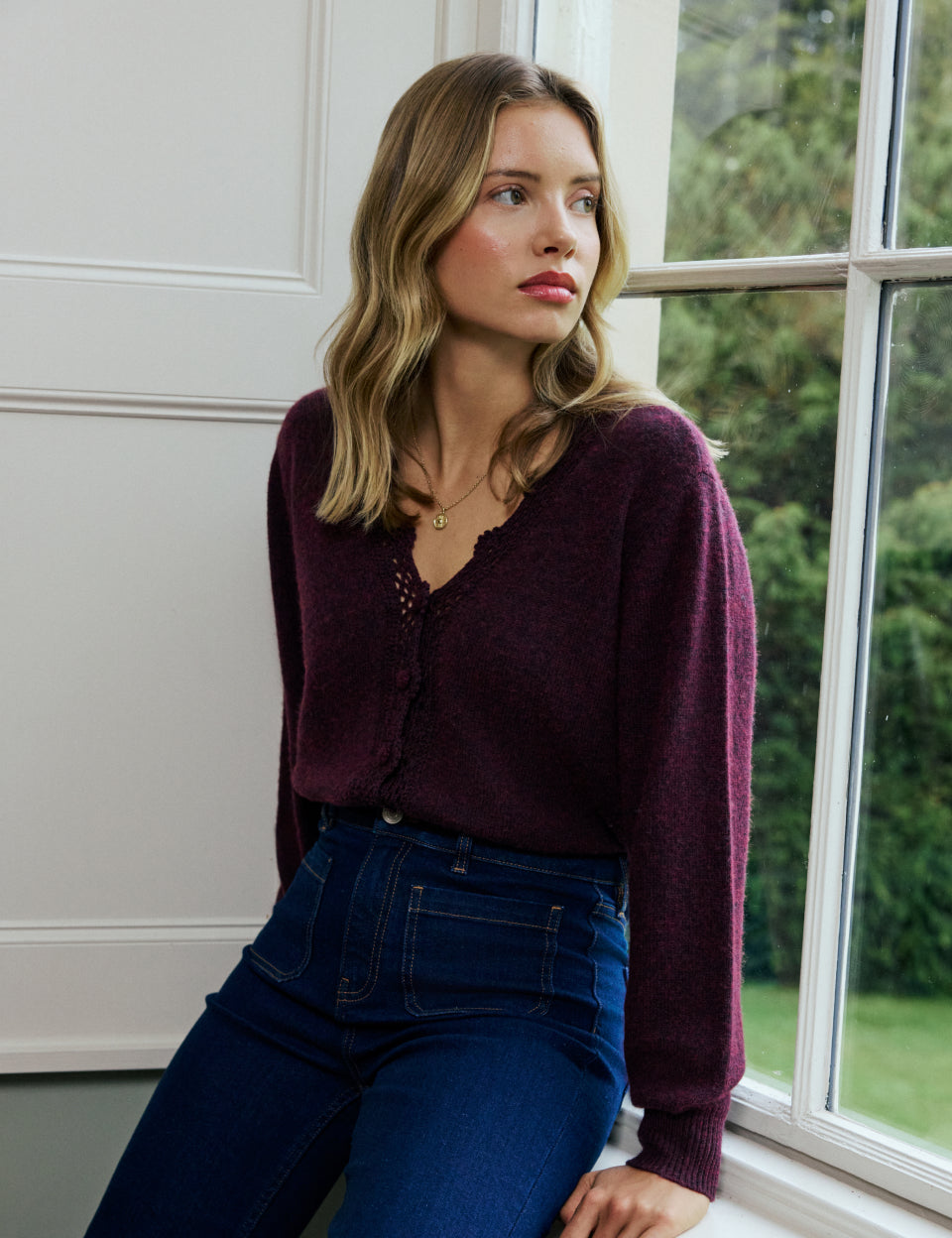 Burgundy Crochet Trim Wool Blend Elodie Cardigan