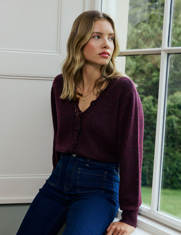 Burgundy Crochet Trim Wool Blend Elodie Cardigan