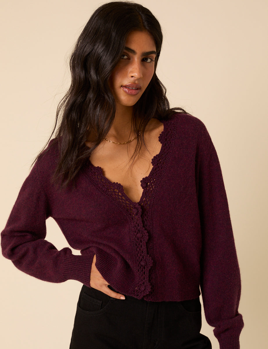 Burgundy Crochet Trim V Neck Cardigan