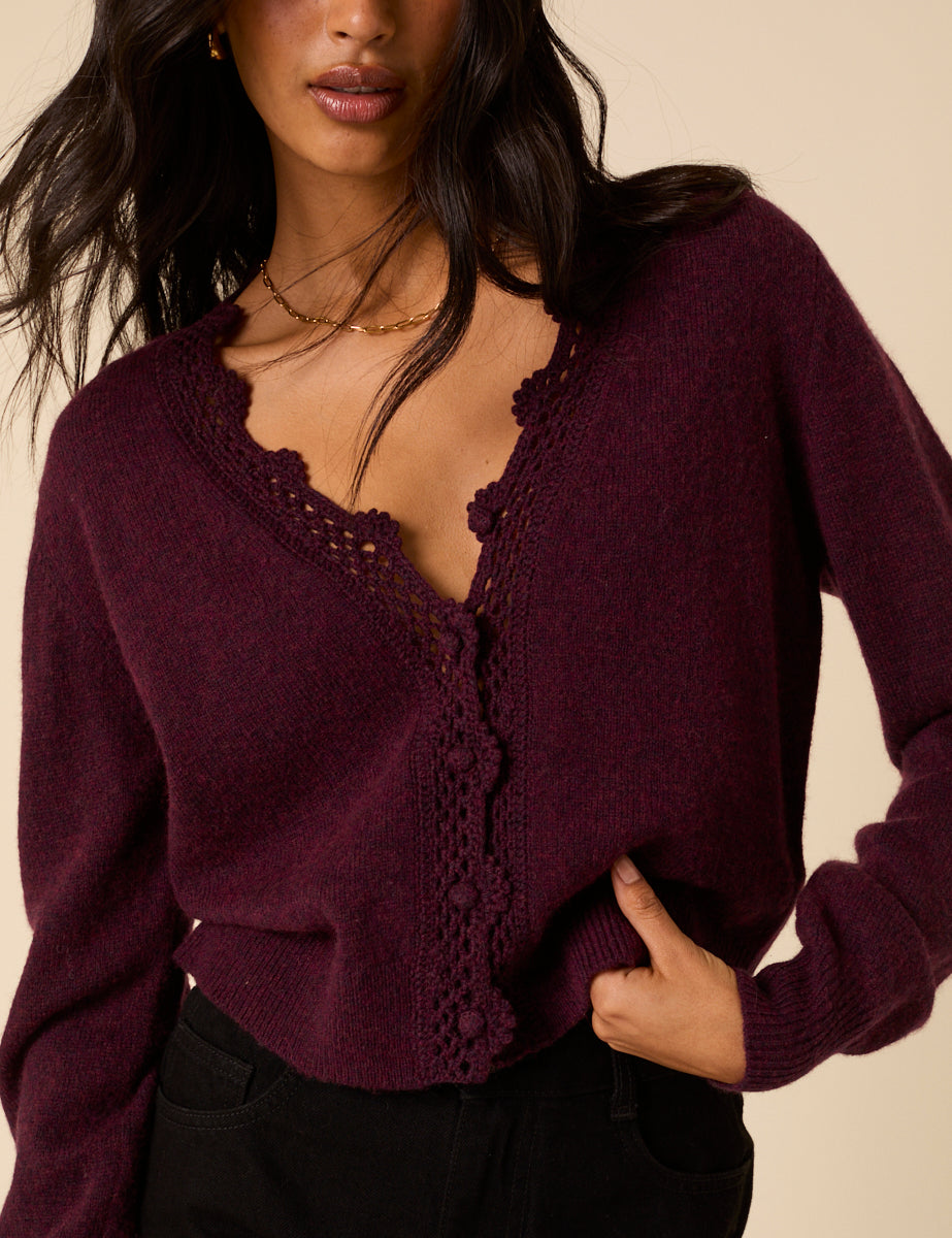 Burgundy Crochet Trim V Neck Cardigan