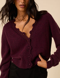 Burgundy Crochet Trim V Neck Cardigan