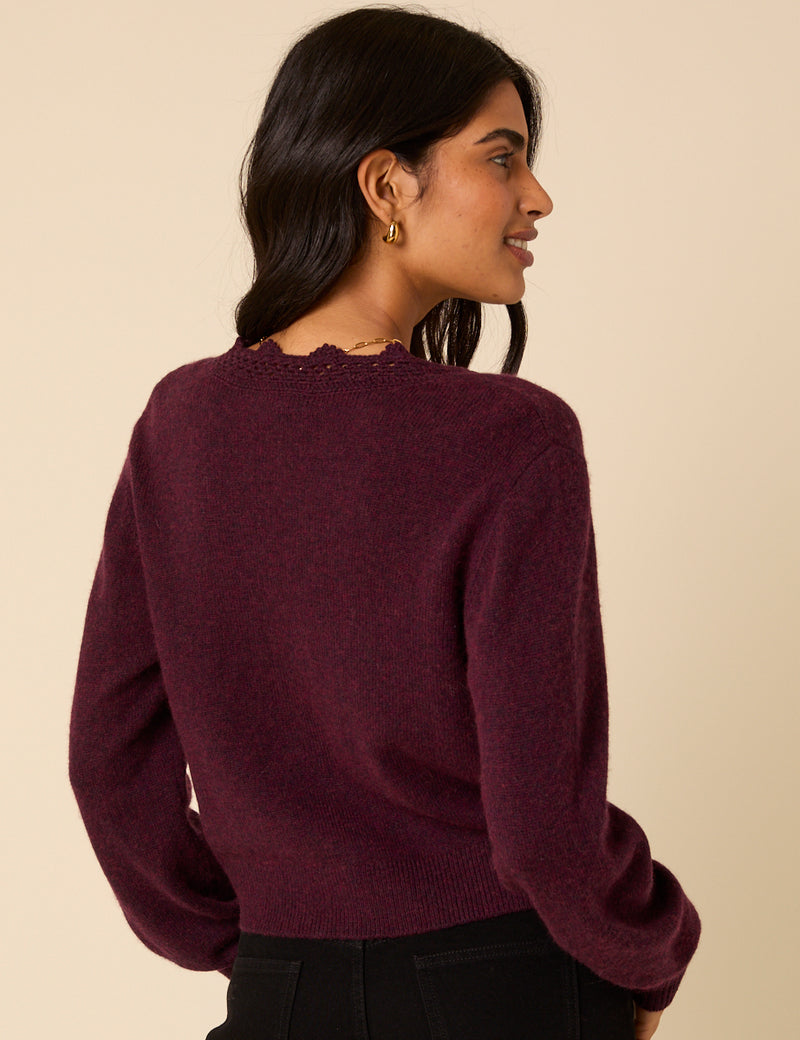 Burgundy Crochet Trim V-Neck Cardigan