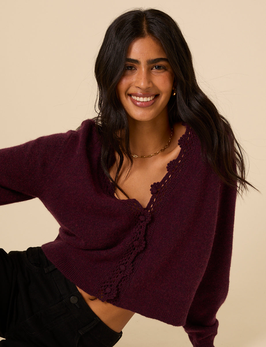 Burgundy Crochet Trim V-Neck Cardigan