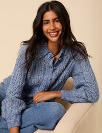 Blue Pointelle Collared Knitted Cardigan