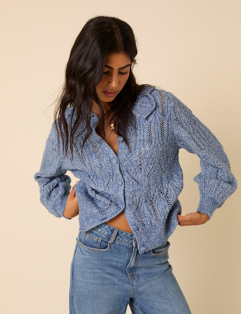Blue Pointelle Collared Knitted Cardigan