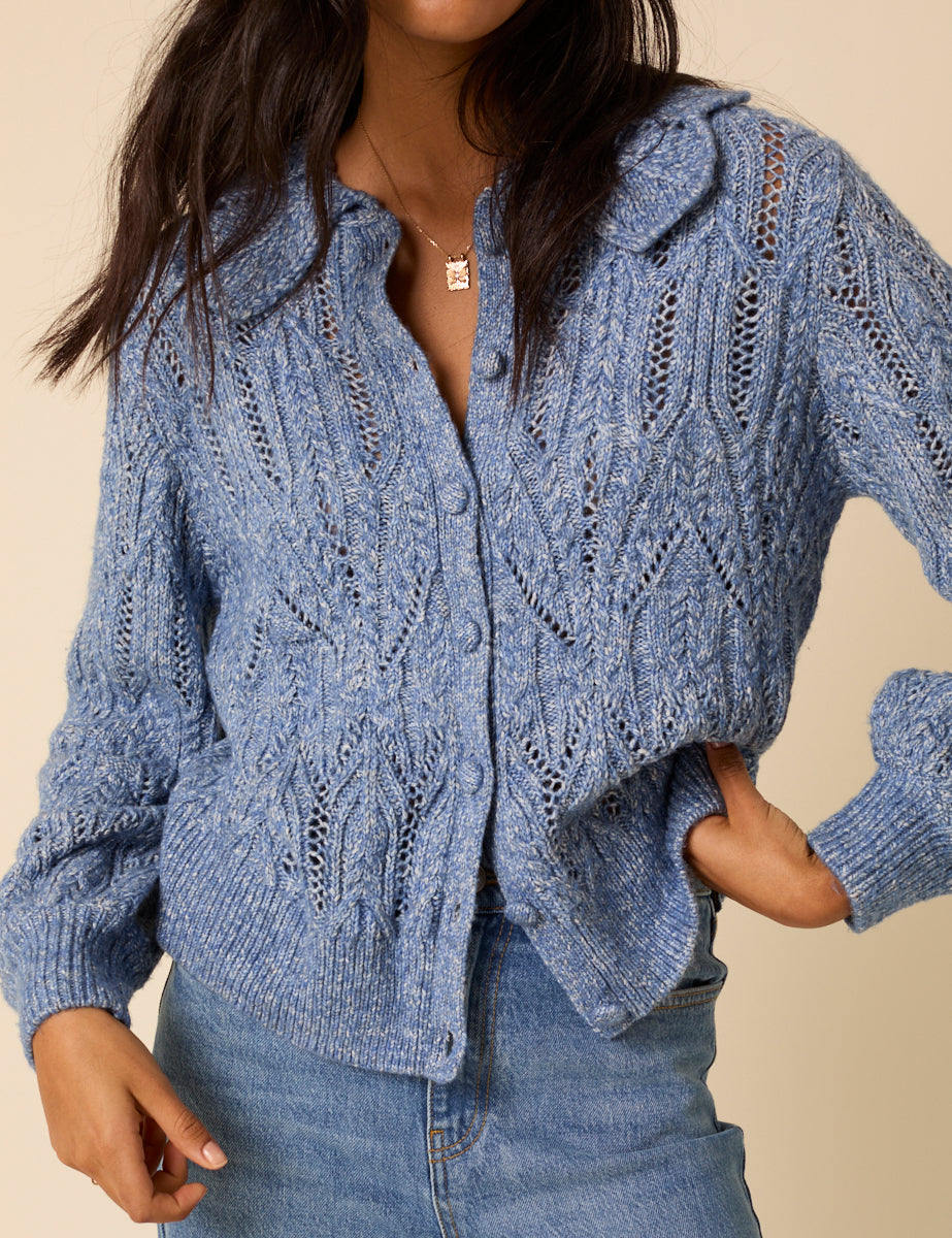 Blue Pointelle Collared Knitted Cardigan