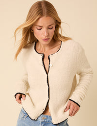 White Contrast Trim Wool Blend Boucle Cardigan