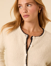 White Contrast Trim Wool Blend Boucle Cardigan