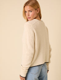 White Contrast Trim Wool Blend Boucle Cardigan