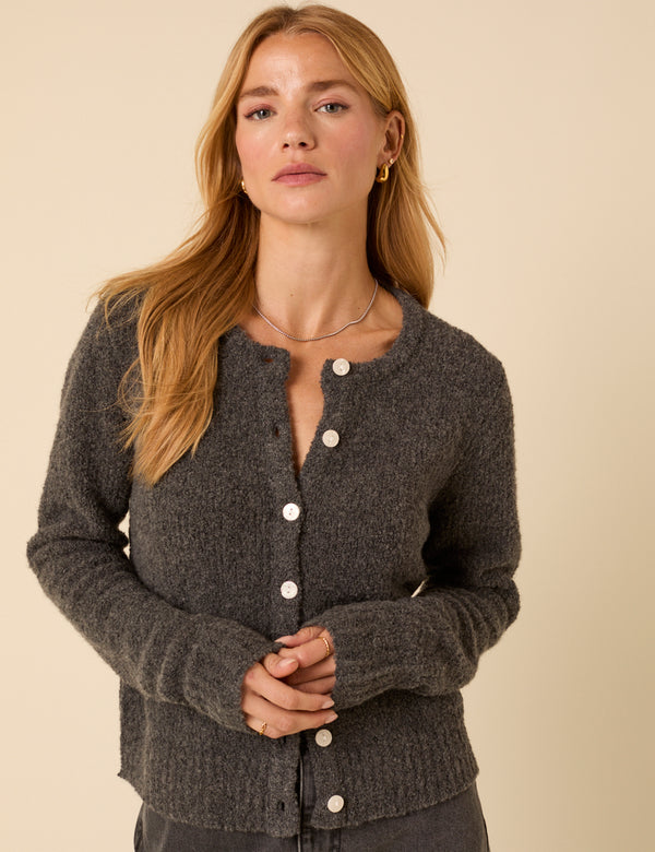 Grey Wool Blend Boucle Cardigan
