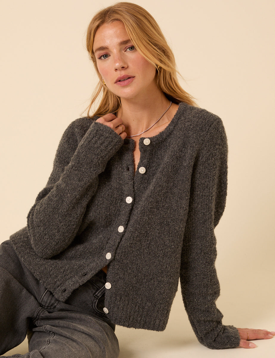 Grey Wool Blend Boucle Cardigan