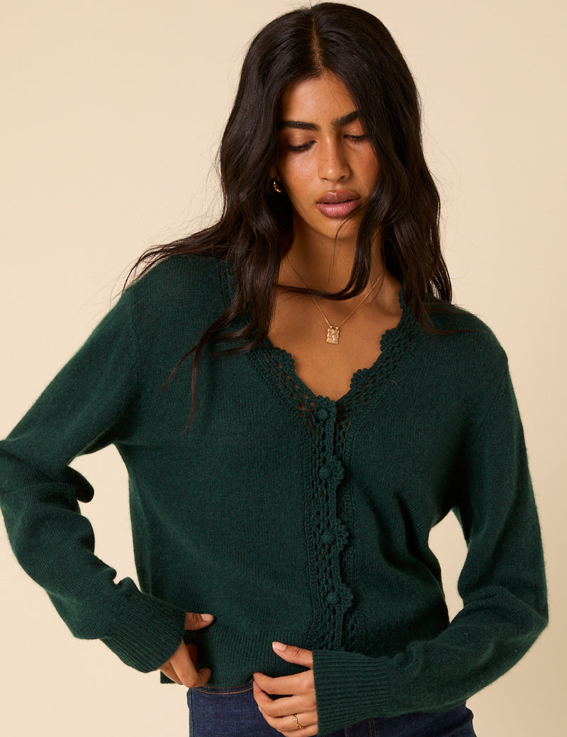 Dark Green Wool Blend Crochet Trim Elodie Cardigan